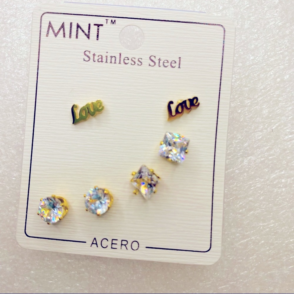 Earrings Love And Crystal Studs. 3 Pairs Pierced